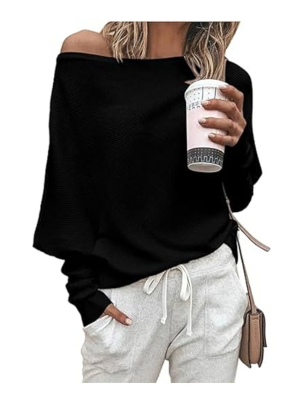 Oversize Knit Pullover Sweater Boat Neck Batwing Sleeve Long Sleeve